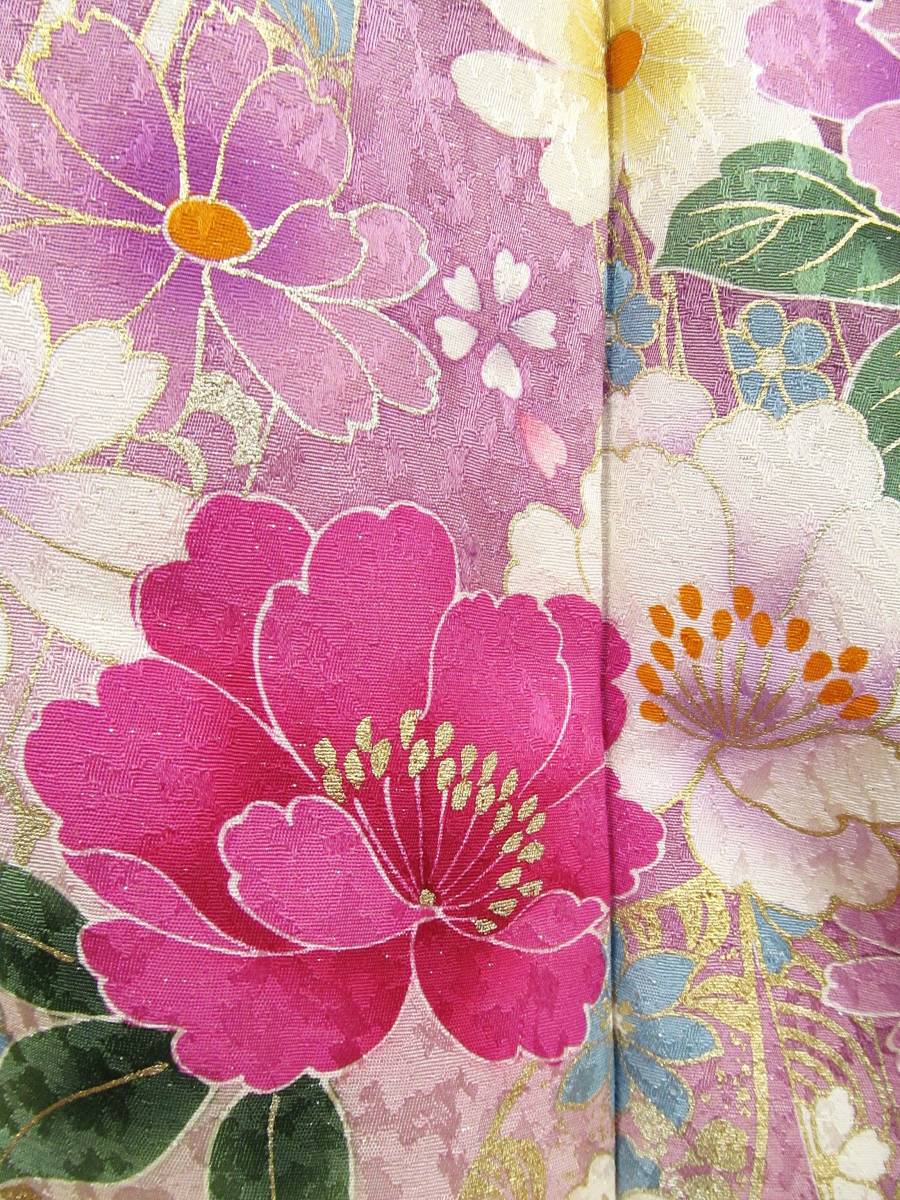 さ197　正絹　振袖　紫系グラデーション地　桜など花々　美品　身丈176ｃｍ_画像5