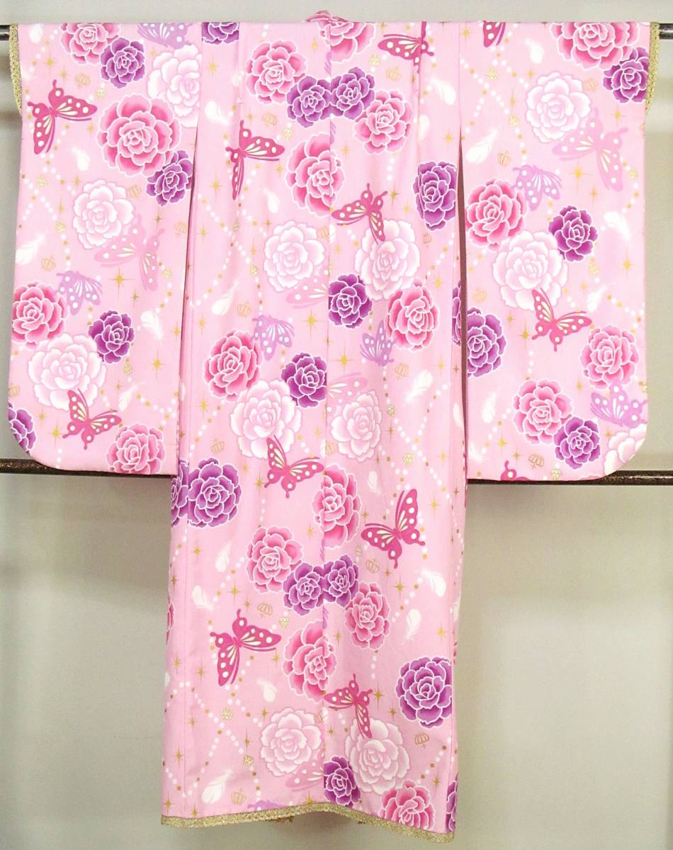 し13　化繊　7歳用　着物　薔薇　蝶　美品　japan style　身丈131ｃｍ　七五三_画像9