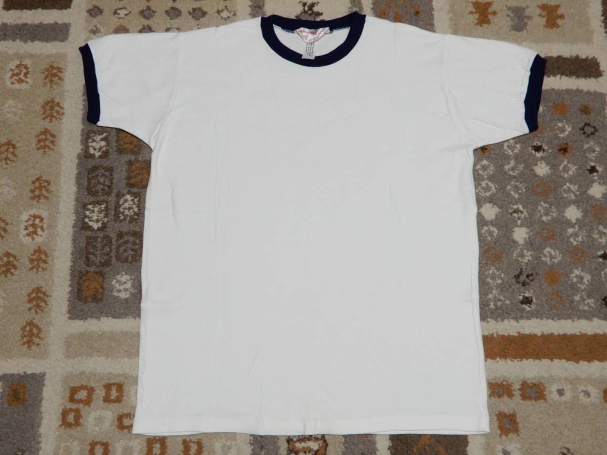 70～80'sヴィンテージ　英国製　GYMPHLEX/ジムフレックス　Tシャツ　コットン67%/ビスコース33％　L相当　ホワイト/ネイビー　使用感少美品_画像1