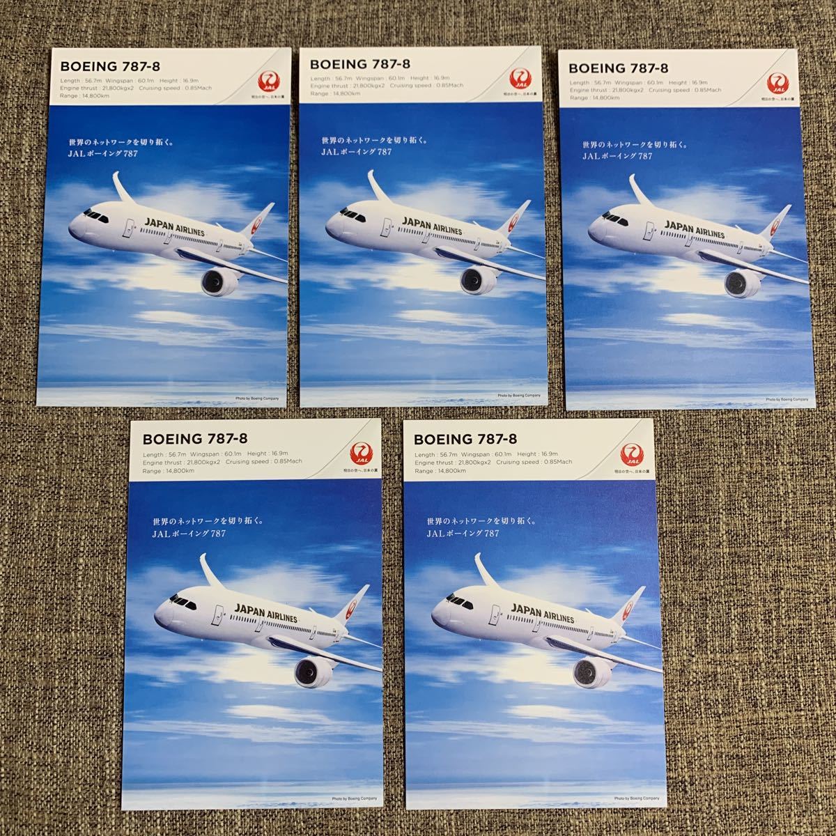 JAL 日本航空 飛行機 ポストカード BOEING 787-8 ボーイング 非売品 5枚 絵葉書 ノベルティの画像1