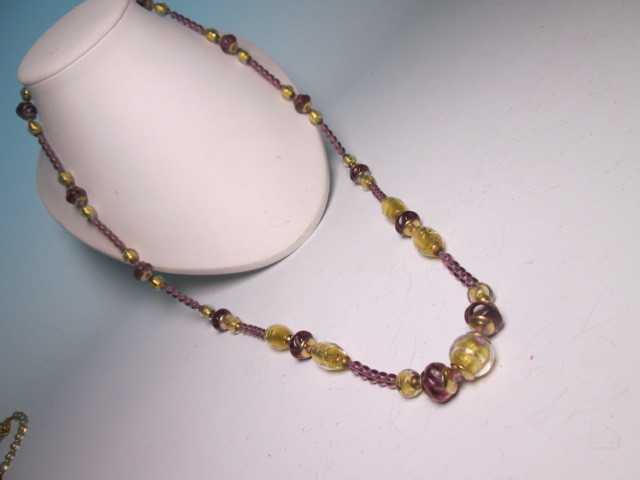 * Italy made Venetian hand blow . glass light purple & Gold gold paint. long necklace 68g