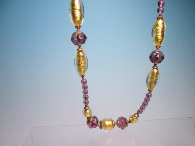 * Italy made Venetian hand blow . glass light purple & Gold gold paint. long necklace 68g