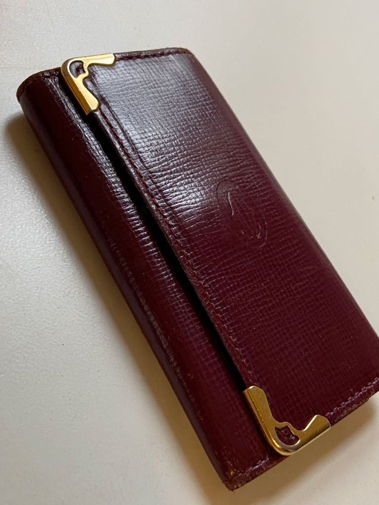 B3H042◆ カルティエ Cartier 本革レザー ボルドー色 ロゴ マストライン 4連キーケース_画像9