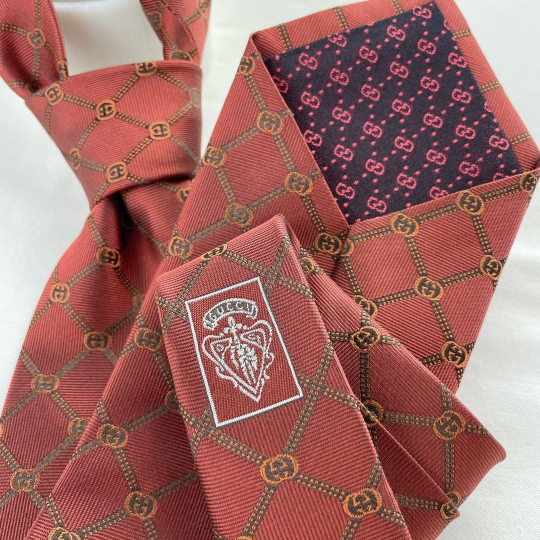 同梱不可】 ブラウン赤茶色 ネクタイ GUCCI グッチ GG柄 稀少 美品