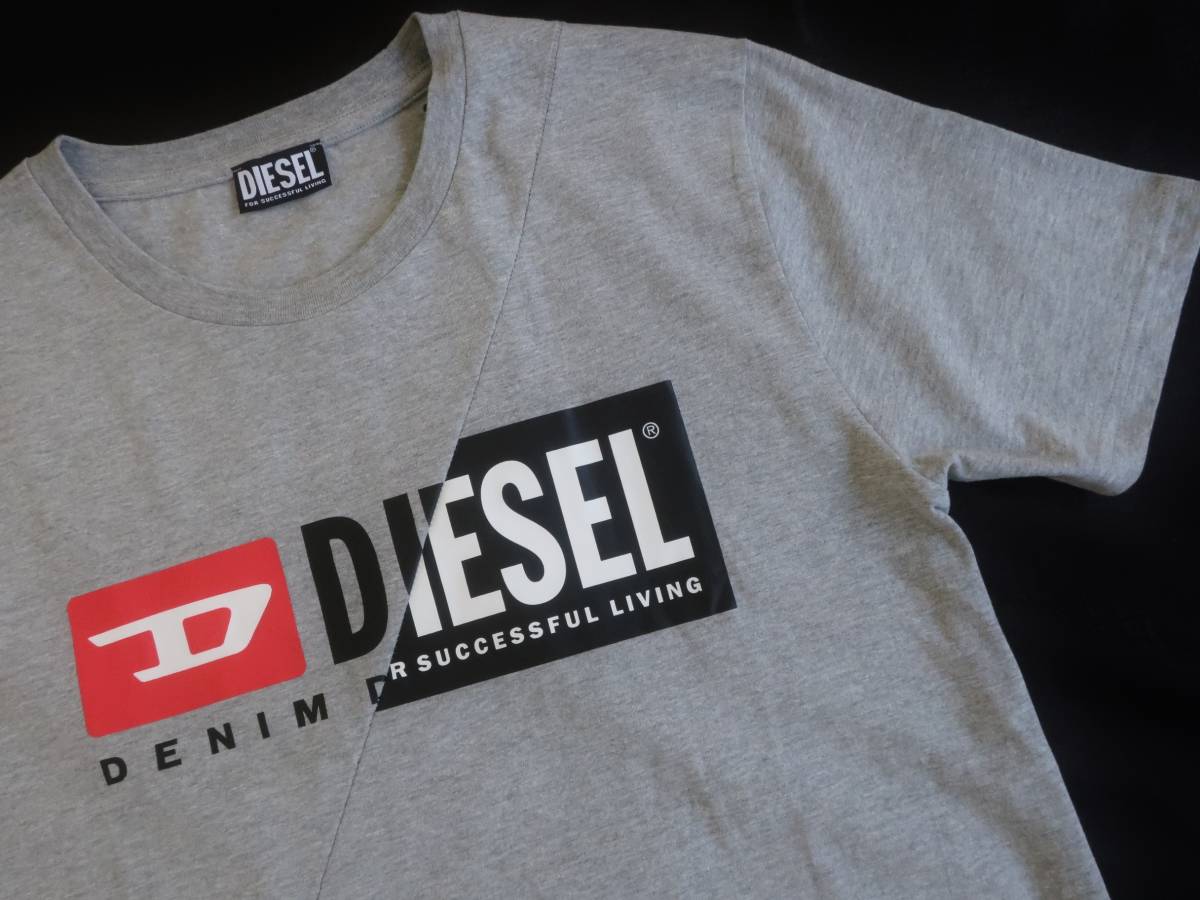 新品★ディーゼル DIESEL★グレー杢 Tシャツ★斜め切替し Wロゴ レッド ブラック ホワイト ダブル ロゴプリント XL☆319の画像7