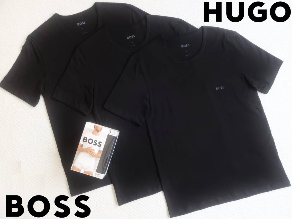 新品★ヒューゴ ボス HUGO BOSS★ブラック Tシャツ 3枚 セット★クルーネック★ニュー ロゴ プリント★箱入り★黒☆L☆215_画像1