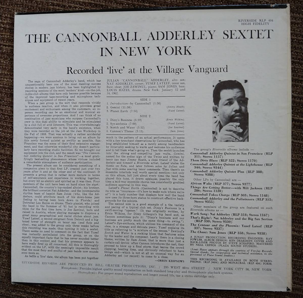 USモノオリジナル盤【Cannonball Adderley】両面青大ラベル 深溝 The Cannonball Adderley Sextet in New York (Riverside RLP404)_画像2