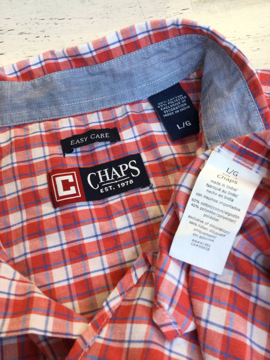 CHAPS チャップス 美品 EASY CARE チェックシャツ コットン×ポリエステル 半袖シャツ 胸ロゴ メンズL 良品綺麗_画像10