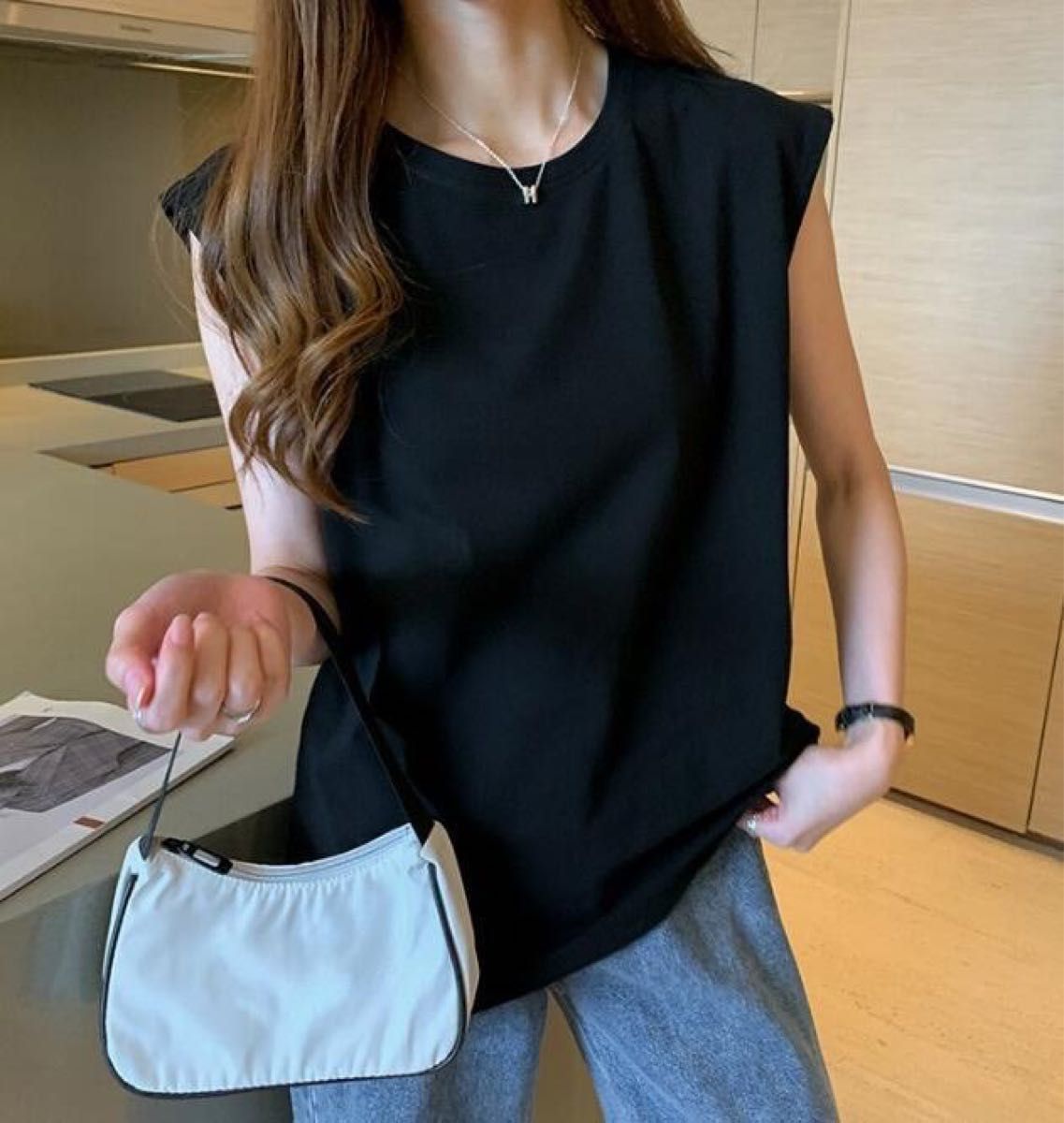 新品 ノースリーブ カットソー Lサイズ 黒 かわいい おしゃれ 人気 プチプラ シンプル ブラック 韓国ファッション