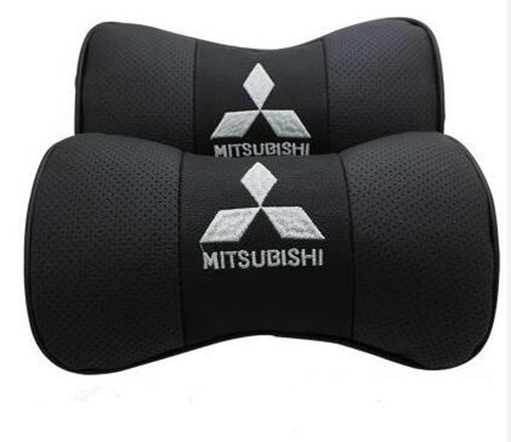 送料無料 2個セット 竹炭 レザー ネックピロー 三菱 MITSUBISHI 刺繍ロゴ 車用 ネックパッド カーアクセサリ_画像3