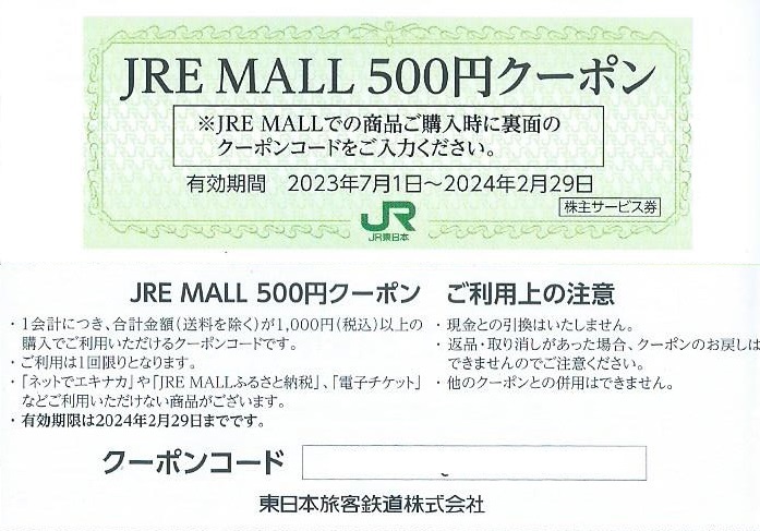 送料無料■3枚 JRE MALL500円クーポン■JR東日本株主優待_画像1