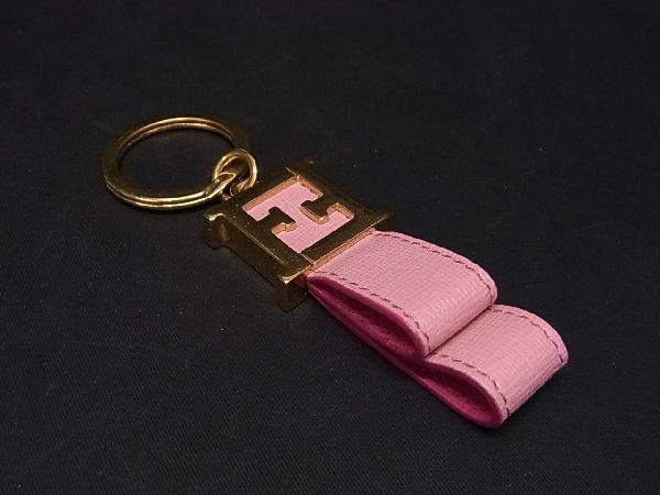 ■美品■ FENDI フェンディ レザー キーホルダー バッグチャーム メンズ レディース ピンク系×ゴールド系 AR2077_画像1