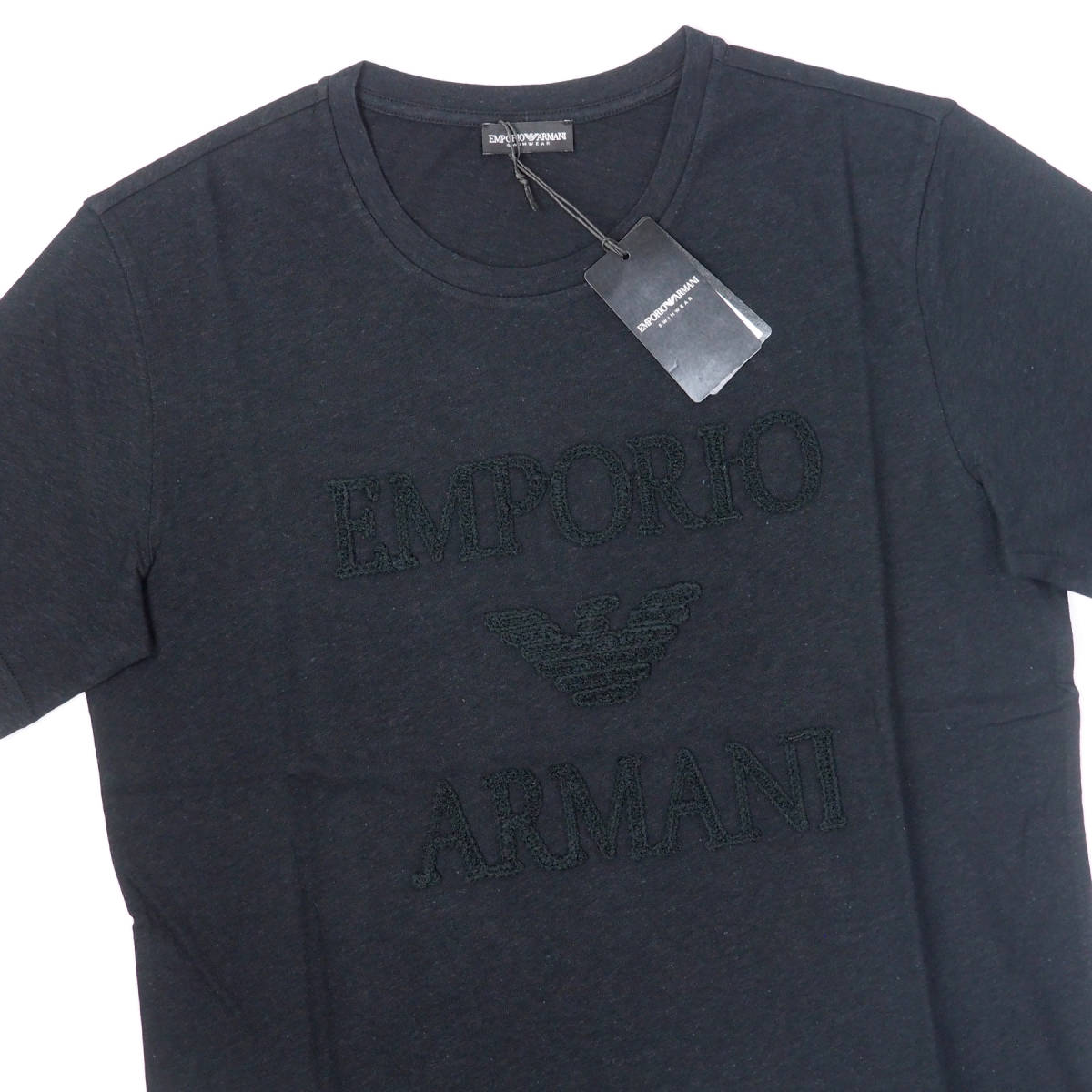 新品正規品 Emporio Armani エンポリオ アルマーニ SWIM 211818 3R485 クルーネック プリント ロゴ リネン Tシャツ ブラック M_画像4