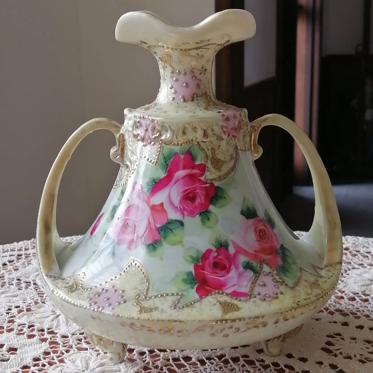 いいスタイル オールドノリタケ 薔薇 ハンドペイント 耳付き壺 花瓶