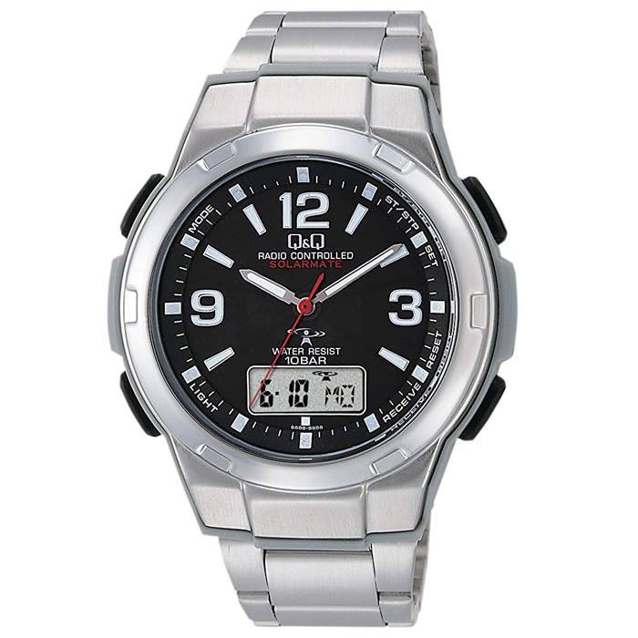  men's wristwatch Citizen clock Q&Q solar radio wave clock MD08-205 black radio wave world 5 department correspondence East Japan west Japan America Germany China reception possibility 