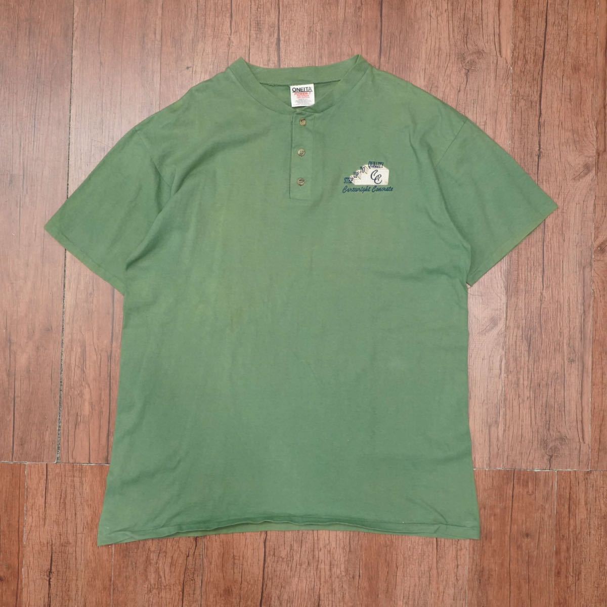 80s90s ONEITA ヘンリーネック　Tシャツ　XL/USA製 グリーン　刺繍　ヴィンテージ