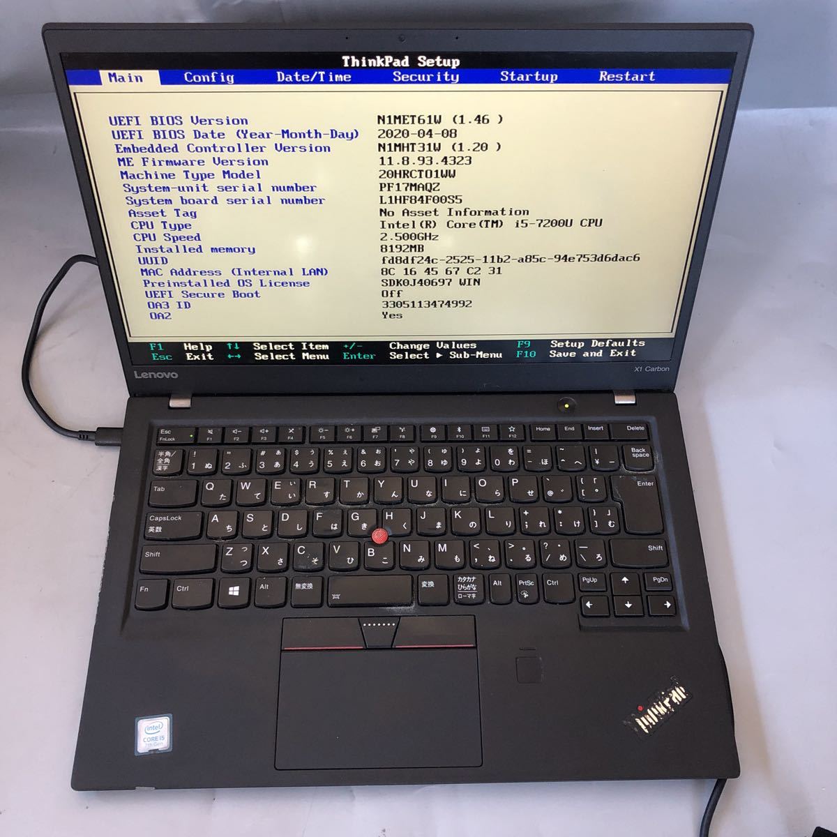 JXJK3559 【ジャンク】Lenovo ThinkPad X1 Carbon /Core i5-7200U 2.50GHz/ メモリ:8GB / カメラ /動作未確認/BIOS確認済