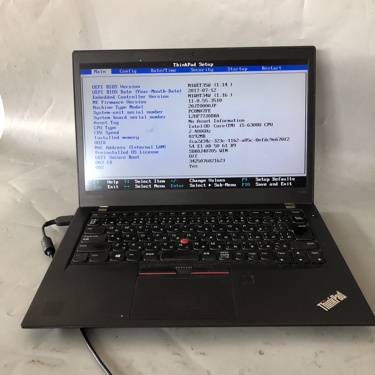 JXJK3596 【ジャンク】Lenovo ThinkPad T470s /Core i5-6300U 2.40GHz/ メモリ:8GB / カメラ /動作未確認/BIOS確認済/画面シミ_画像1