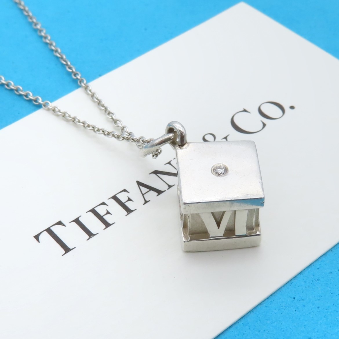 【送料無料】 極希少 Tiffany&Co. ティファニー 1P ダイヤモンド アトラス キューブ シルバー ネックレス AG925 SV ボックス HO32_画像1