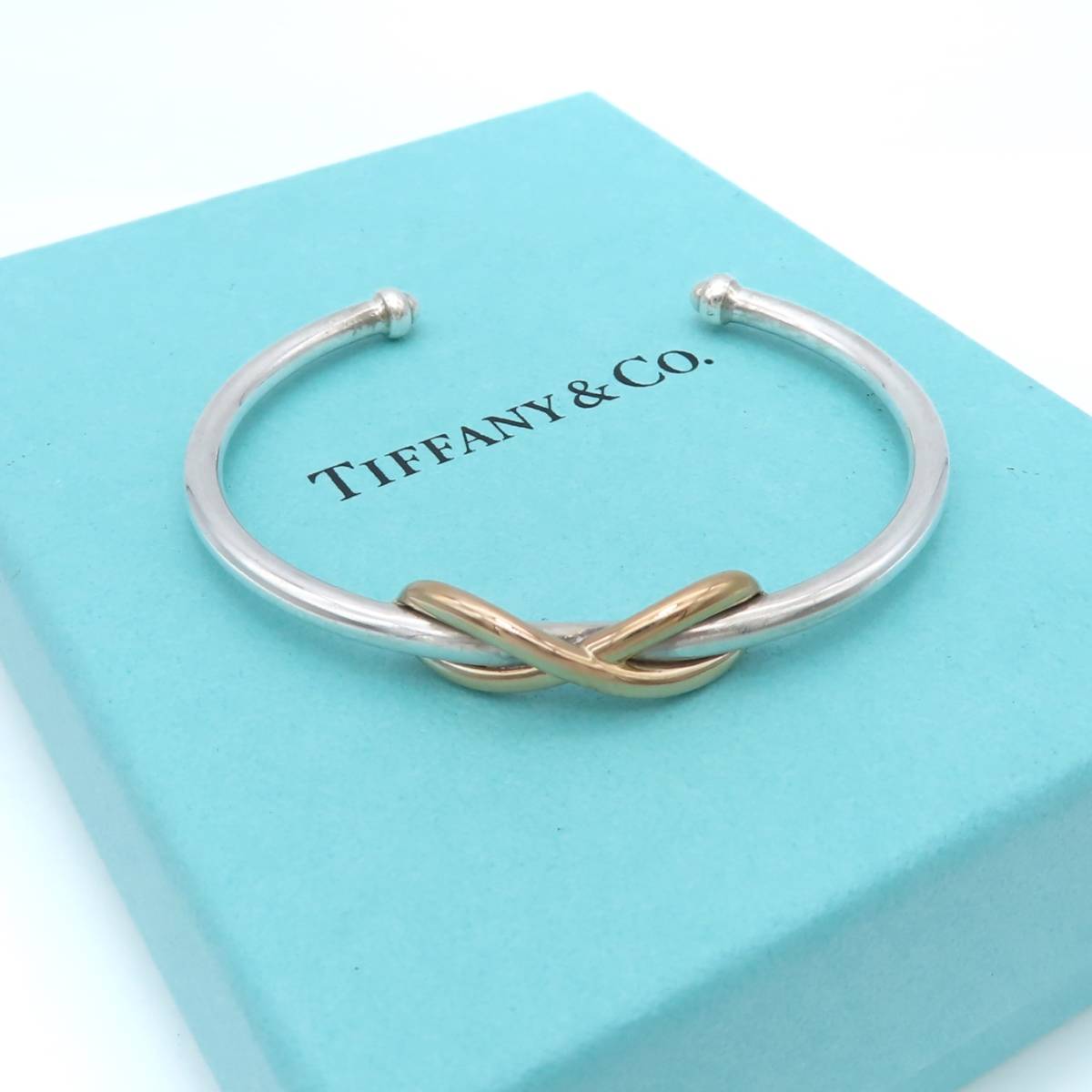 【送料無料】希少 美品 Tiffany&Co. ティファニー インフィニティ シルバー ローズ ゴールド コンビ カフ バングル Ag925 AU750 K18 HK60