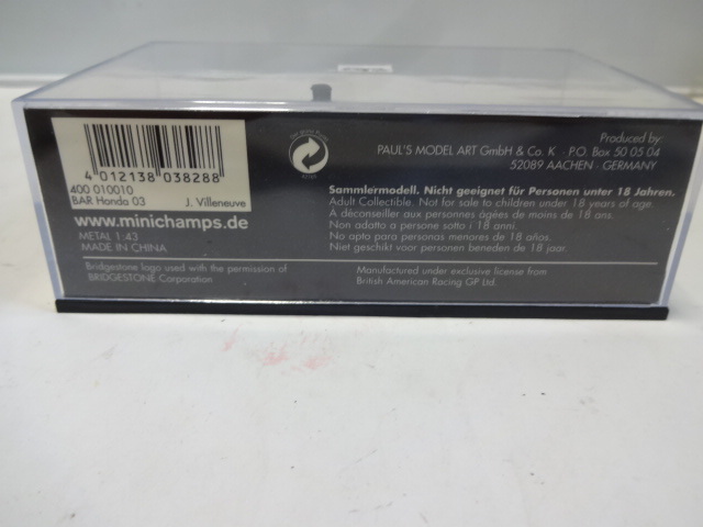 1/43 BAR HONDA 03 J.Villeneuve F1 ジャック・ヴィルヌーヴ ミニカー ミニチャンプス 未開封 未使用品 デッドストック 綺麗です。 _画像6