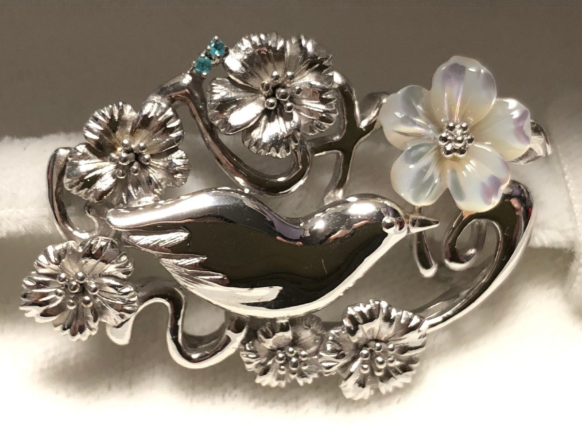 きものやまと パライバトルマリン 白蝶貝 SILVER 10.3g 花と小鳥 帯留め 美品 ケース付属