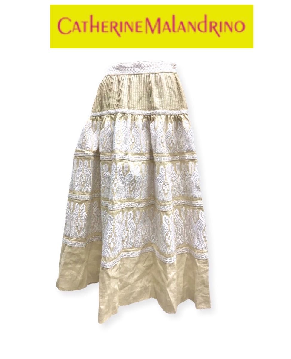 【未使用】キャサリンマランドリーノ リネン 刺繍 ティアードスカート ロングスカート