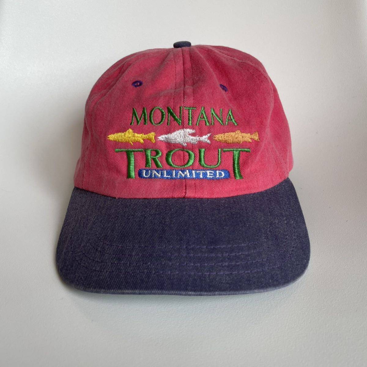 90s USA製 MONTANA TROUT キャップ コットン レザーアジャスター ビンテージ マルチカラー アニマル 帽子