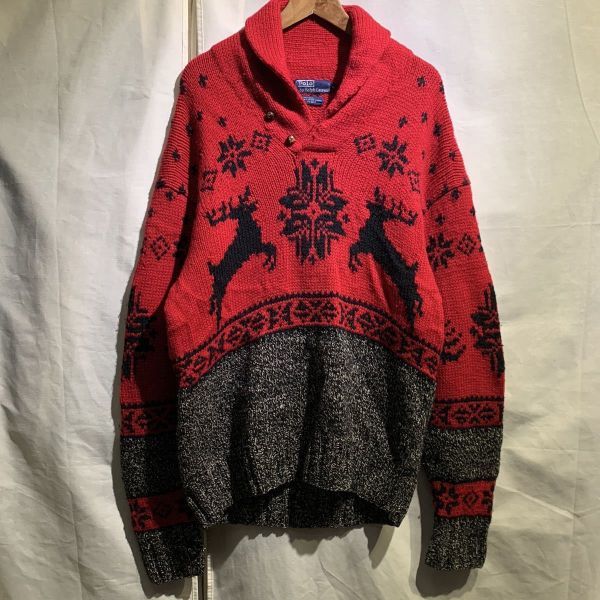 90s Ralph Lauren カントリー HAND KNIT ショールカラー XL POLO ウールニット ビンテージ ウール ネイティブ ラルフローレン_画像2