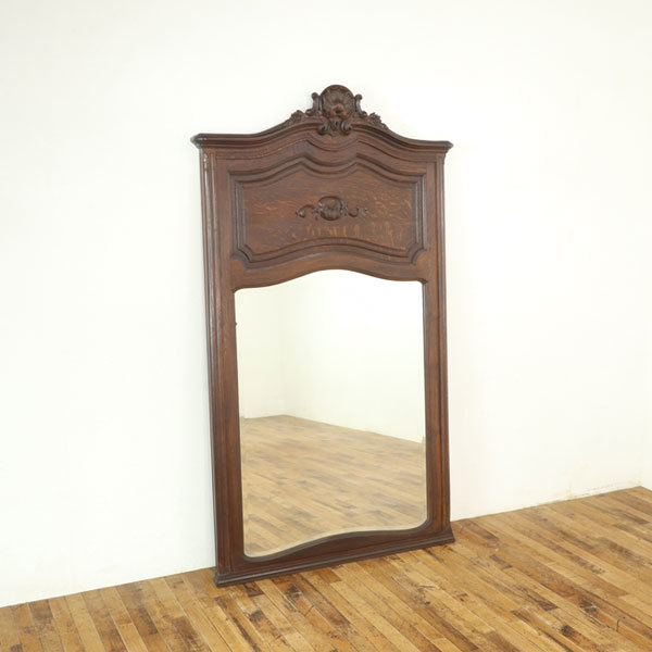 アンティークミラー　幅108×奥11×高183.5cm　立て掛け式　姿見鏡 オーバーマントルミラー ロココ様式　美しい彫刻　フランス　70475