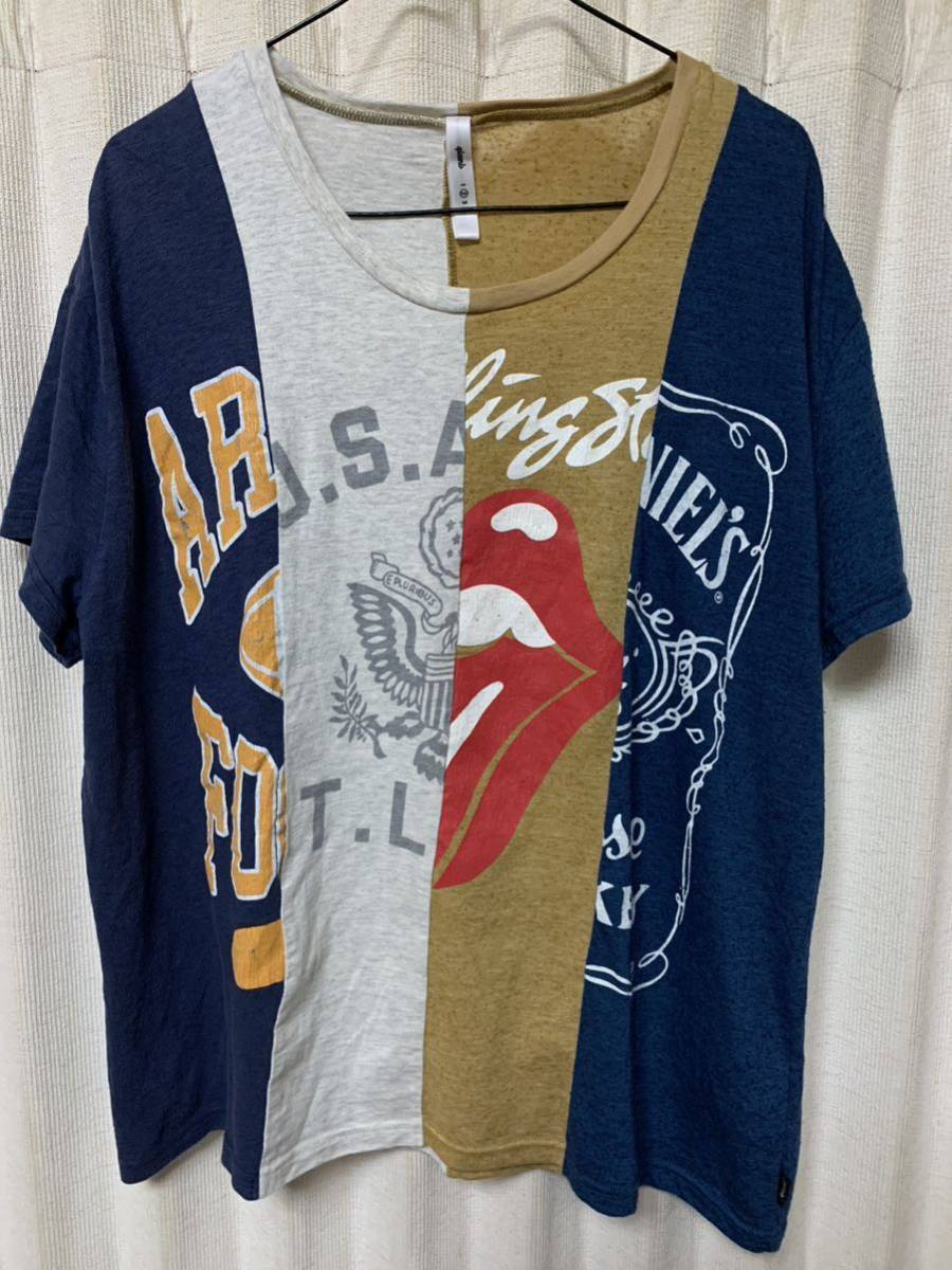 名作 glamb Aggy カットソー アギーストーンズペイント再構築パッチワーク加工 グラム ヴィンテージ Tシャツ サイズ2 ネイビーの画像1