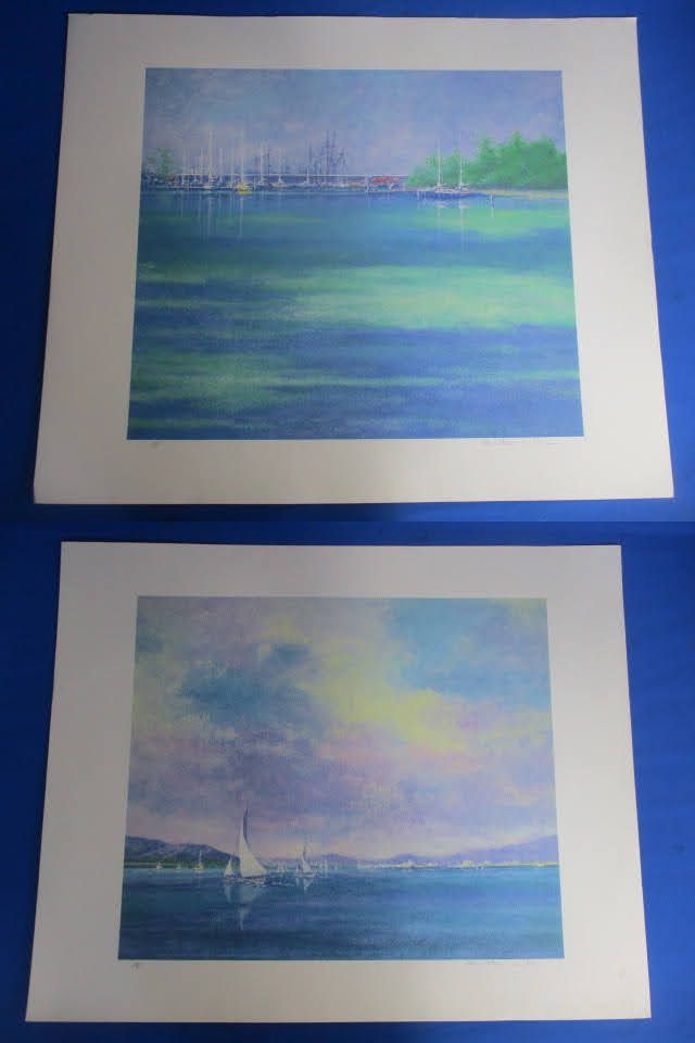 ◆アンリエット・モラン 2点セット◆リトグラフ AP エメラルドハーバー 約59.3×73㎝ 風景画 海 ヨット 美術品 ♪直接引き渡し2F-80803