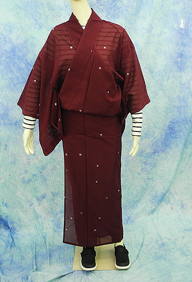 （135）小紋　絽　夏用　正絹　SILK　中古　pre-owned 着物　レディース　小豆色　Japanese Kimono for Summer　152cm 59inch