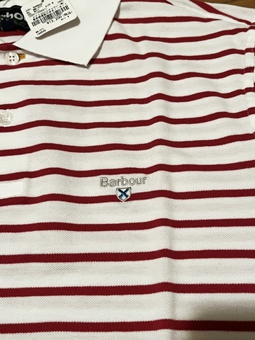 未使用品 定価13,200円 バブアー Barbour 半袖ポロシャツ Lサイズ 白 ホワイト 赤 レッド ボーダー ストライプ ポロシャツ 国内正規品の画像3