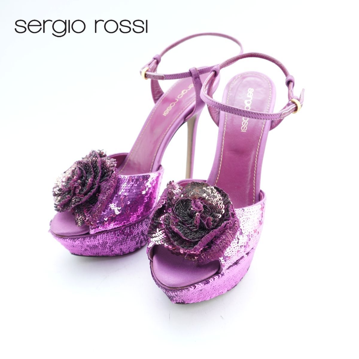 sergio rossi】スパンコール付花柄ミュール・サンダル-