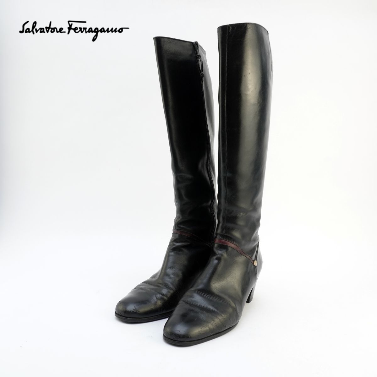 Salvatore Ferragamo サルヴァトーレ フェラガモ 23.0~23.5 ロングブーツ イタリア製 サイドジップ ヒール レザー 黒 ブラック/GC132_画像1