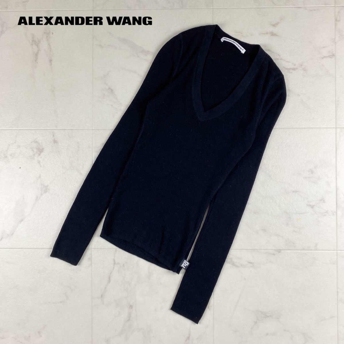 美品 alexanderwang アレキサンダーワング リブニット Vネック 長袖カットソー トップス レディース 黒 ブラック サイズM*GC297