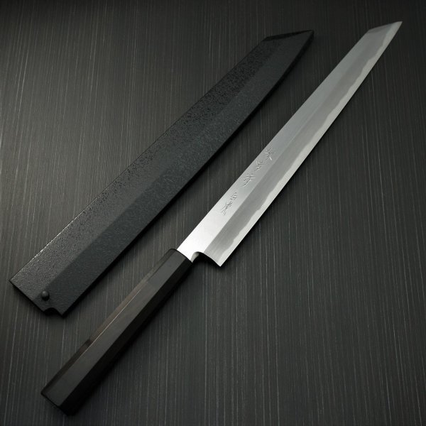 包丁 柳刃 切付柳刃 300mm 白一鋼 白虎 堺孝行 黒石目鞘 黒檀八角水牛両輪