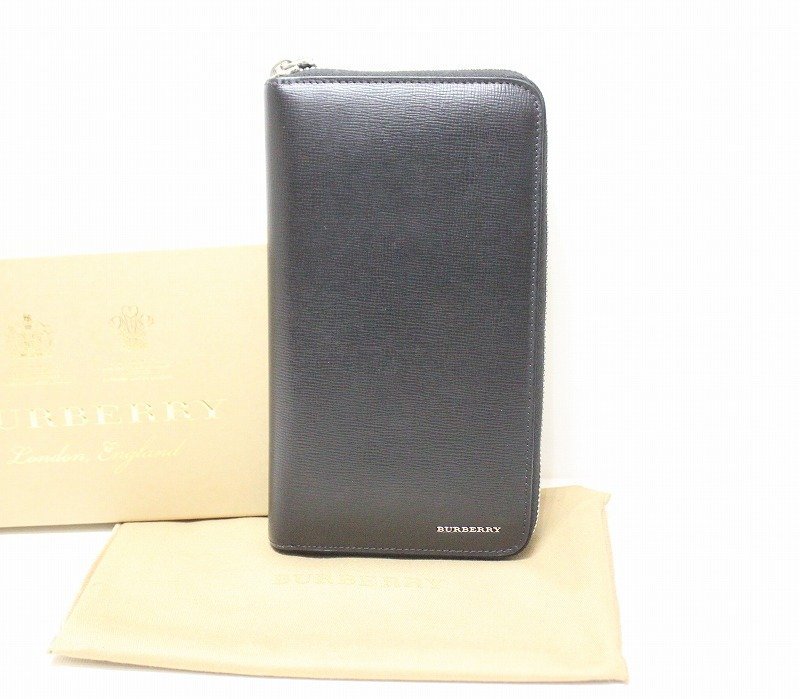 ☆【中古】バーバリー BURBERRY ラウンドファスナー　ジッピー　長財布 レザー ブラック