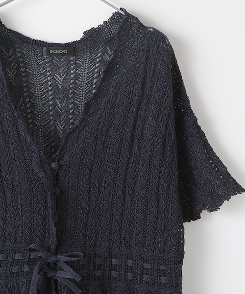  new goods!## INGEBORG/ Ingeborg 2021 year # long summer knitted cardigan short sleeves # navy / free size 