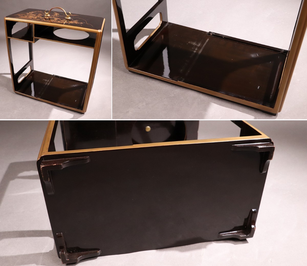 M365 時代物 銀象嵌草花研出梨地 金蒔絵 野弁当一式 提重 黒塗 M365 時代物 銀象嵌草花研出梨地 金蒔絵 野弁当一式 提重 黒塗