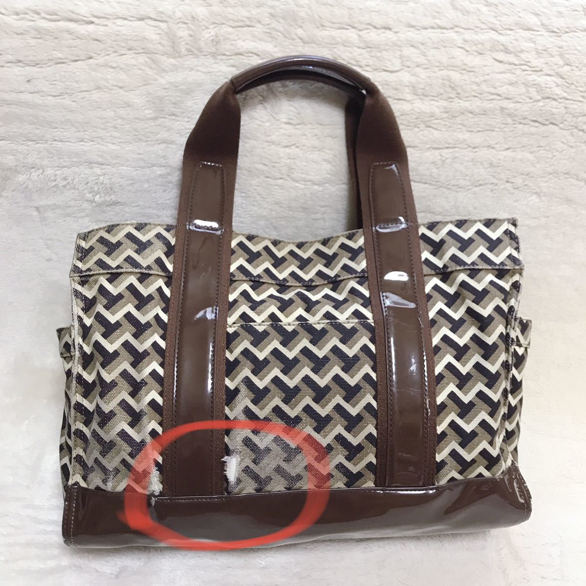 TORY BURCH 総柄 トートバッグ エナメル キャンバス 切り替え 茶色 トリーバーチ_画像9