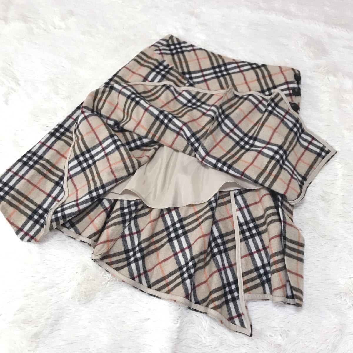 美品 BURBERRY カシミヤ入り ノバチェック プリーツ スカート 総柄 バーバリー 三陽商会 巻きスカート ウール マルチカラー 総柄