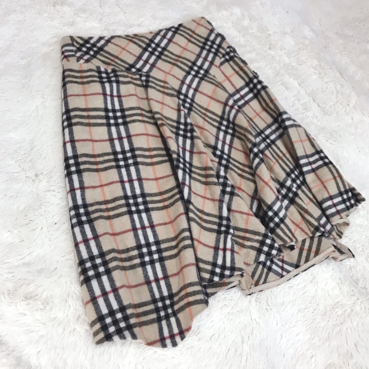 美品 BURBERRY カシミヤ入り ノバチェック プリーツ スカート 総柄 バーバリー 三陽商会 巻きスカート ウール マルチカラー 総柄