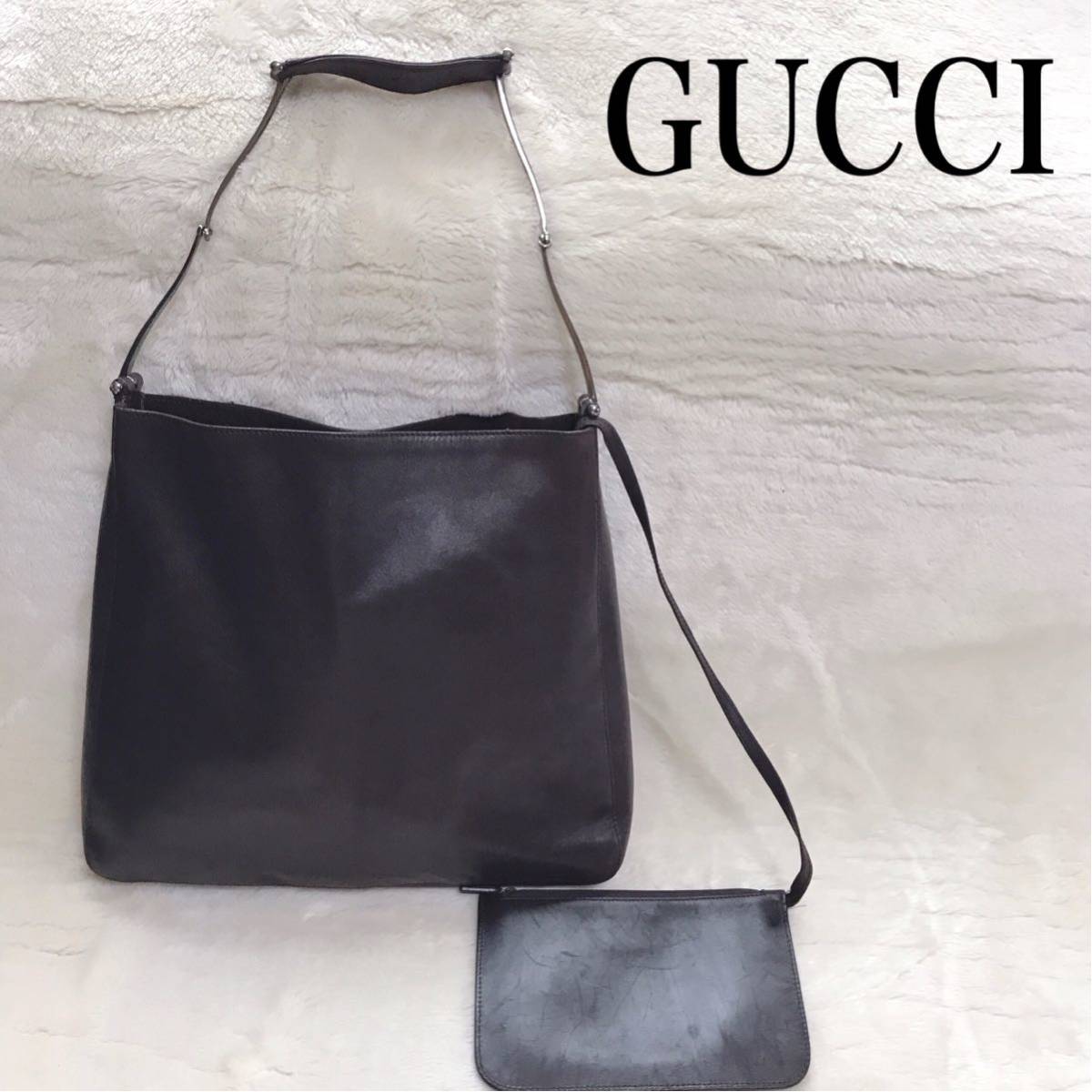 GUCCI グッチ オールレザー ショルダーバッグ 金具 ポーチ ダークブラウン ワンショルダー