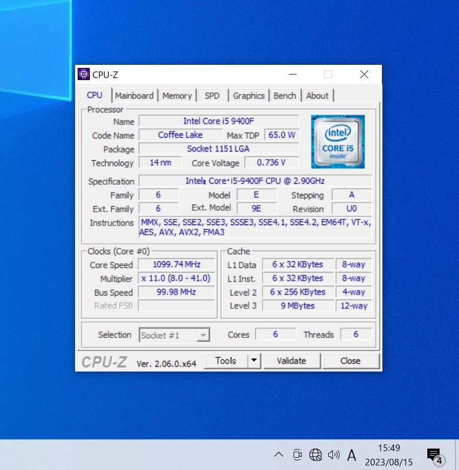 CPU Intel Core i5 9400F 2.9GHz 6コア6スレッドCoffeeLake PCパーツ