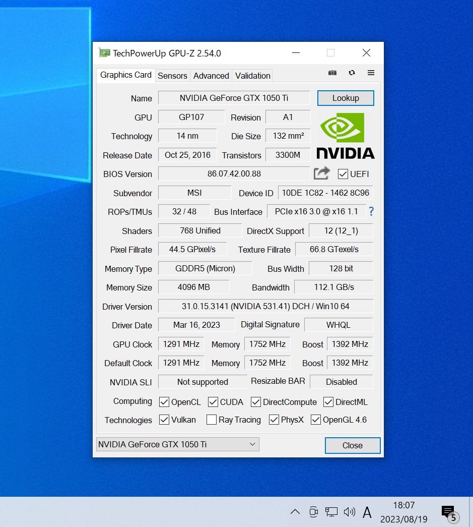 NVIDIA GeForce GTX1050 Ti 4GB 動作確認済み