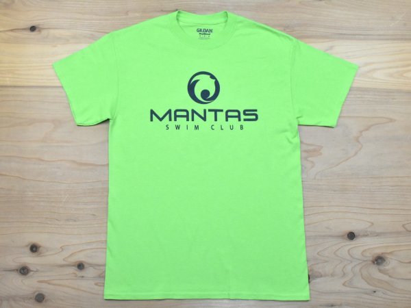 USA古着 MANTAS SWIM CLUB ロゴ Tシャツ sizeM 黄緑 グリーン 水泳 スポーツ アメリカ アメカジ GILDAN_画像1