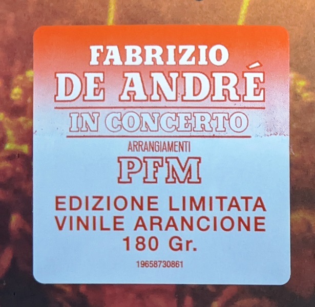 Fabrizio De Andre ファブリツィオ・デ・アンドレ - In Concerto - Arrangiamenti PFM 限定再発オレンジ・カラー・アナログ・レコード