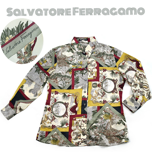 【超歓迎された】 Salvatore Ferragamo■大きめXL ロゴ入りボタニカル&動物柄シルク長袖シャツ ヴィンテージ レディース フェラガモ 総柄 その他 【超歓迎された】 Salvatore Ferragamo■大きめXL ロゴ入りボタニカル&動物柄シルク長袖シャツ ヴィンテージ レディース フェラガモ 総柄 その他